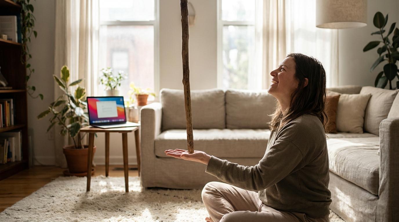 A person balancing a stick while a laptop works a little away