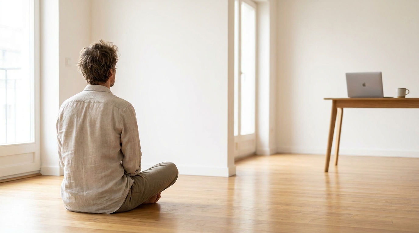 A person staring at a wall while a laptop works a little away